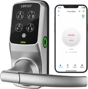 Lockly Secure Plus smart lock installed on a front door, showcasing its fingerprint scanner and PIN Genie® keypad—ideal for enhancing home security without subscription fees.