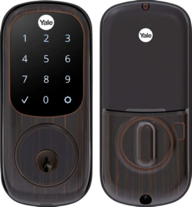 Yale Assure Lock SL smart lock installed on a front door, featuring a sleek touchscreen keypad and key-free design—ideal for enhancing home security without subscription fees.