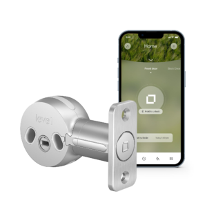 Level Lock+ smart lock installed on a front door, showcasing its sleek, minimalist design with no visible technology—ideal for enhancing home security without subscription fees.