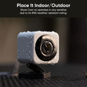 Wyze Cam v4 inside camera for home with 2.5K resolution, shown mounted on a shelf indoors