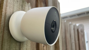 Google Nest Cam (Battery) mounted on an exterior wall, showcasing its sleek design and wire-free installation—ideal for the Top 5 Outdoor Wi-Fi Cameras for Home Security.