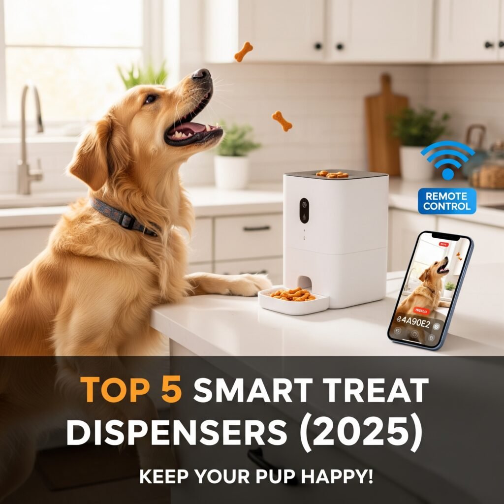Happy golden retriever jumping to catch a treat from a white electronic dog treat dispenser, with a smartphone showing a live camera feed in a modern kitchen.